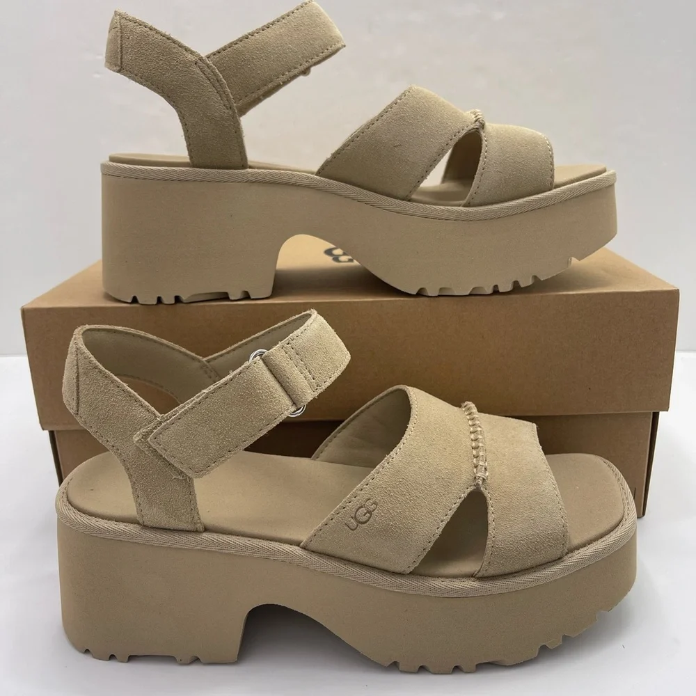 UGG NEW HEIGHTS ANKLE STRAP W9 PLATFORM HEELED SANDALS Beige MDSD Mustard Seed